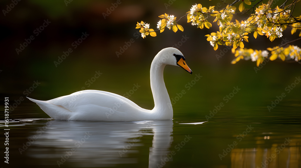 Obraz premium Graceful Swan in Serene Waters: A majestic swan glides peacefully across calm waters beneath the dappled sunlight filtering through overhanging branches and capturing the elegance of this moment.