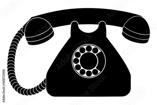 Icon of a retro rotary telephone, vintage black landline phone silhouette.