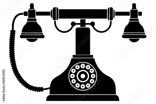 Icon of an antique rotary cradle phone, vintage black telephone silhouette.