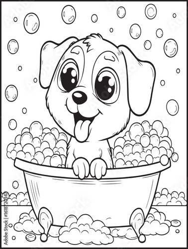 Printable Coloring page: Animal-themed coloring page: Dog coloring page: Dog in bathtube