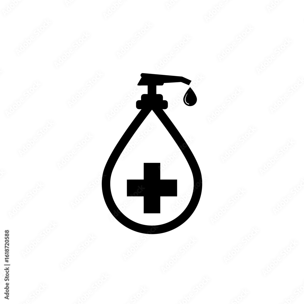 Obraz premium Pump bottle with sanitizer or antiseptic liquid with droplet and cross symbol. Hygiene and virus spread prevention. Dispenser of alcohol-based hand rub