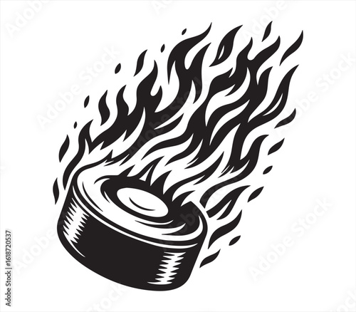 Flaming Hockey Puck – Black and White Sports Vector Illustration


