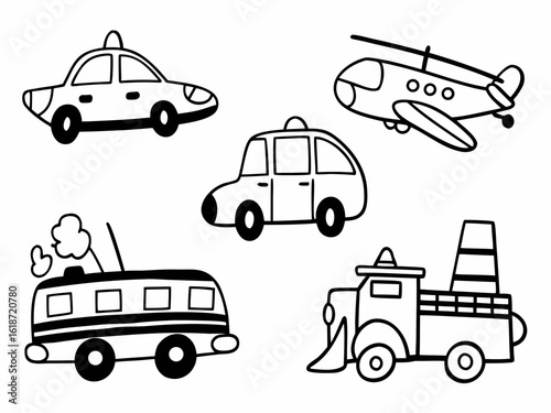 Vector line art of cartoon vehicles — cars, trains, airplanes, fire trucks — outlined in bold black lines, no shading or fill, fun and dynamic composition for boys’ coloring books