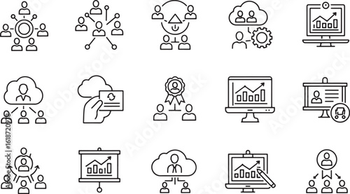A collection of business and technology icons in a distinctive, hand-drawn silhouette style, representing concepts like networking, data, and cloud computing.