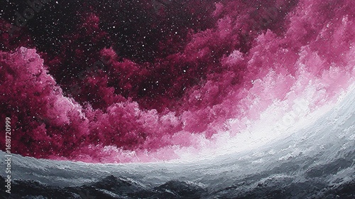 Abstract Painting of Colorful Cosmos with Vibrant Clouds and Distant Stars in Night Sky