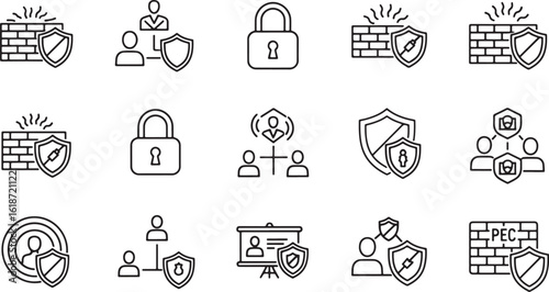 A collection of hand-drawn doodle icons representing cybersecurity, including firewalls, locks, shields, and user profiles, presented in a distinctive silhouette style.