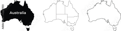Vector Map of Australia Collection. Featuring Solid Silhouette and Outline Maps with State and Territory Regions for Geography and Travel Designs.

