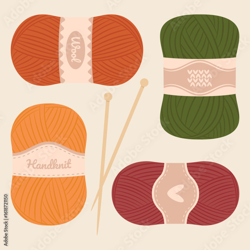 Vector illustration of various colorful knitting yarn and wooden needles. Flat illustration.