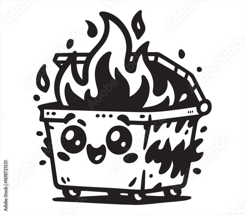 Cute Dumpster Fire Cartoon – Funny Kawaii Crisis Illustration in Black and White

