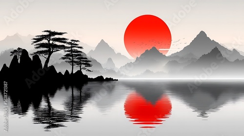 Tranquil landscape with a red sun reflecting on a calm water.