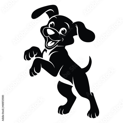 Silhouette of a puppy jumping joyfully showing playful energy, happiness, and lively animal pose