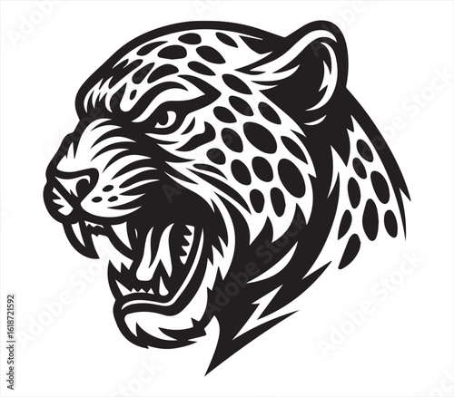 Roaring Leopard Head – Black and White Wild Cat Illustration

