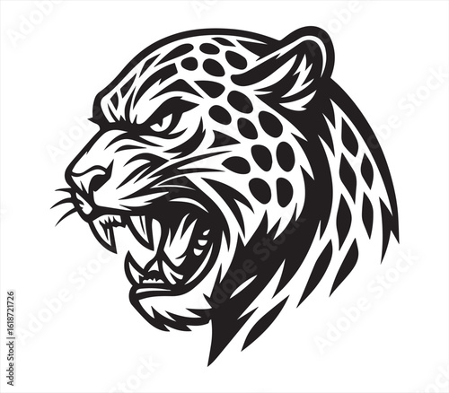 Roaring Leopard Head – Black and White Wild Cat Illustration

