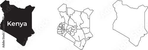 Vector Map of Kenya Collection. Featuring Solid Silhouette and Outline Maps with County Regions for Geography and Travel Designs.

