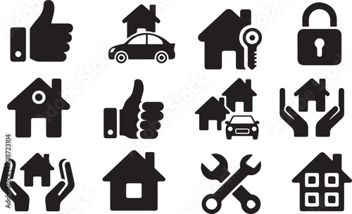 Collection of Black House Icons and Home Symbols – Solid Vector Real Estate and Property Icons

