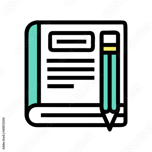 Illustration of a blue notebook with pages and a yellow pencil