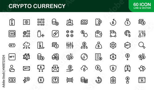 Cryptocurrency Icon Set in Vector Style Featuring Blockchain, Digital Wallets, Coins, Mining, and Exchange Symbols