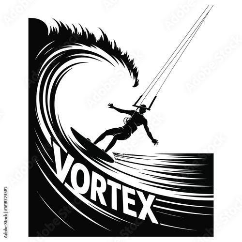 Silhouette of kitesurfer riding wave during sunset, dramatic coastal sport scene in black and white
