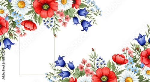 *Abstract Hand-Painted Wildflower Background in Reds, Whites & Blues – Charming Elegant Floral Arrangement with Copy Space*