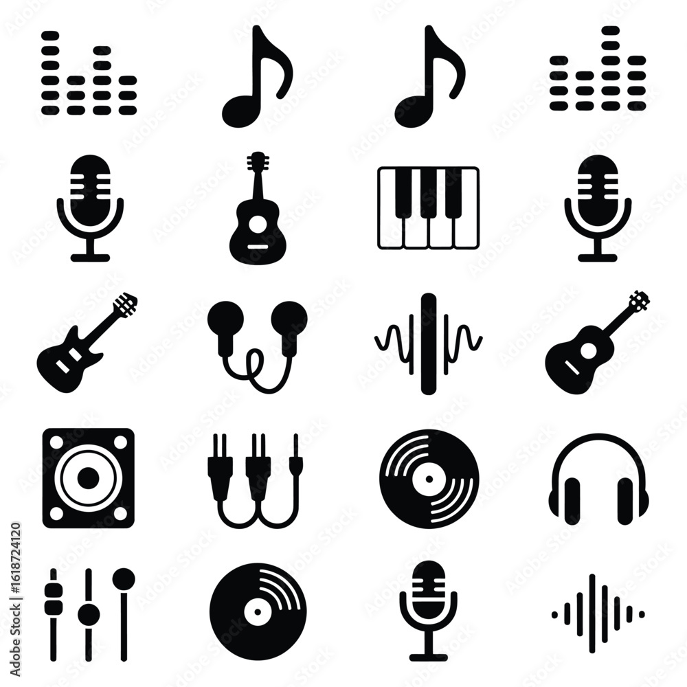 Obraz premium Black Music Icons on White Background sound audio