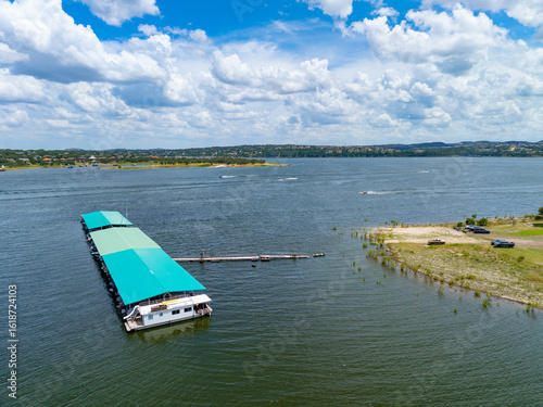 Photography Austin, Texas / USA - July 28 2025: Aerial Drone Photo of Lake Travis Full of Wa