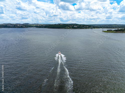 Fotografie Austin, Texas / USA - July 28 2025: Aerial Drone Photo of Lake Travis Full of Wa