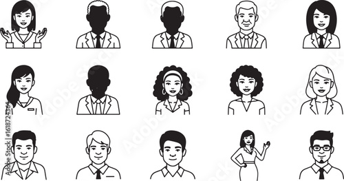 A diverse collection of hand-drawn, black and white portraits of medical professionals in a distinctive silhouette style.