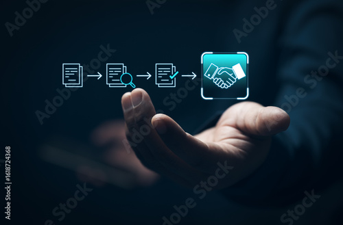 Digital Contract Approval Workflow and Business Agreement Process, e-contract system, Management approval, Businessman manage digital procurement process, electronic digital certification, e-signature