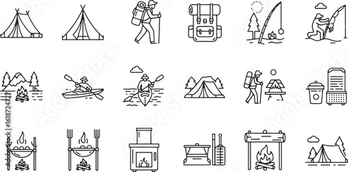 A collection of hand-drawn outdoor adventure icons in a distinctive silhouette style, featuring camping, fishing, and hiking activities.