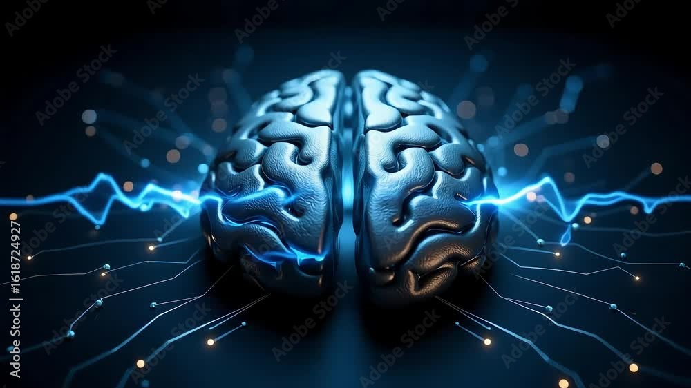 Artificial intelligence brain with neural network connections pulsing with light and energy