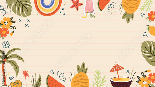 Summer, background of trend elements: sun, pineapple, palm tree, dessert, glasses, rainbow. Fashionable modern art. Cartoon, minimalistic, abstract art Nouveau style. art template for summer  banner 