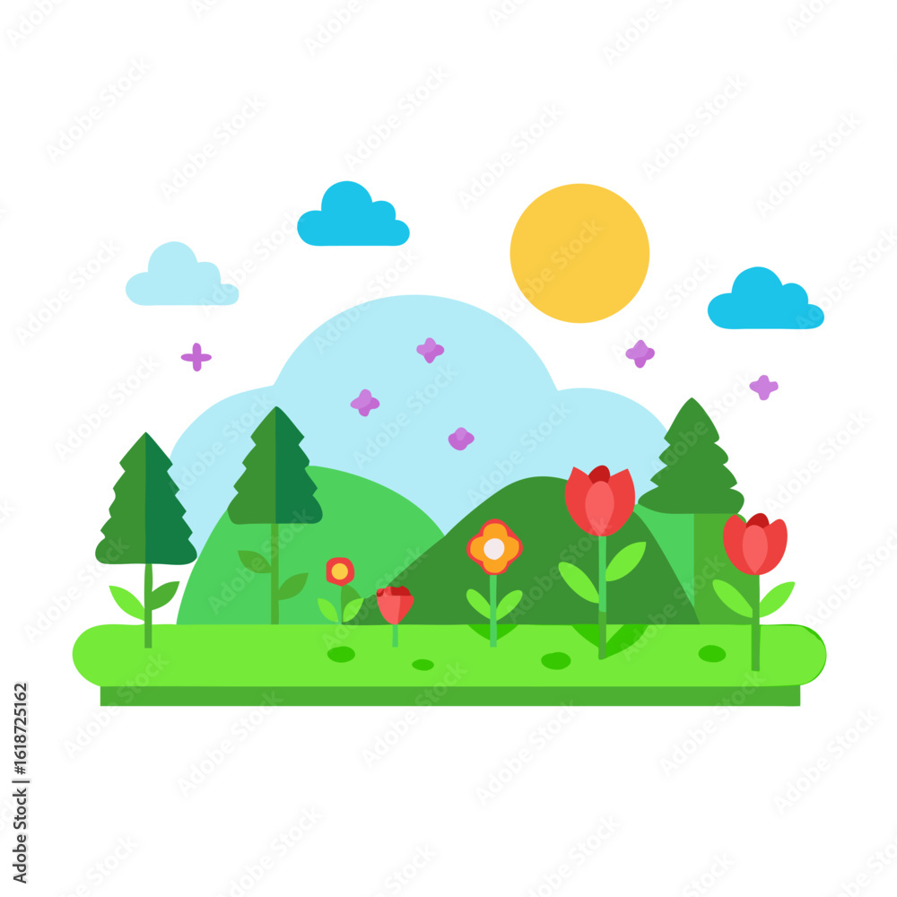 Obraz premium Cartoon landscape with trees flowers hills clouds and sun on white background