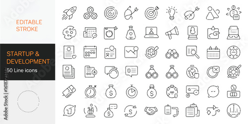 A collection of 50 minimalist line art icons arranged in a grid format, depicting startup and development concepts. 