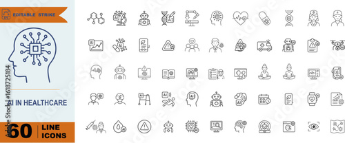 AI Healthcare Technology Icons – Smart Medical Solutions in Vector Outline Style