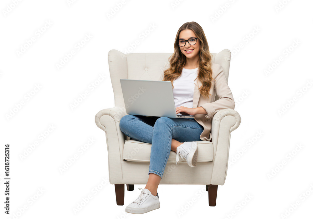 Naklejka premium Woman working on a laptop while sitting in an armchair, isolated on transparent background