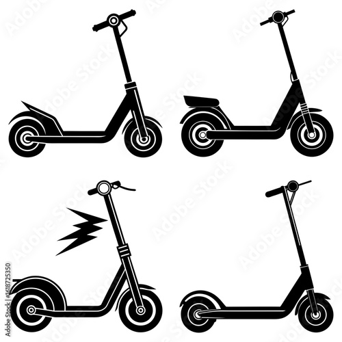 Illustration showing different types of scooters in black silhouette on a white background in a vector format