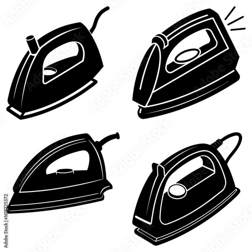 A collection of four black and white iron illustrations in different styles and orientations shown here
