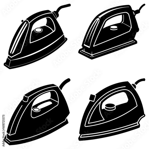 Four black and white illustrations showcasing different styles of electric clothing irons in various angles