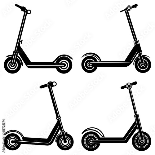 Four black electric scooters displayed in a grid arrangement on a white background design vector
