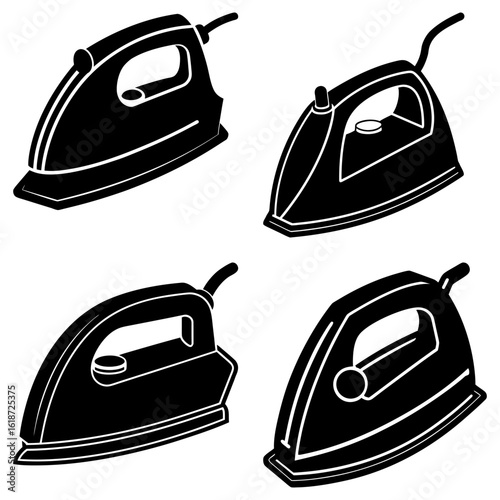 Four black and white iron illustrations in a grid pattern with varying designs and orientations shown