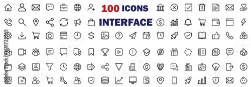 Interface Icon Set: A comprehensive array of 100 meticulously designed interface icons, each crafted with a clean, minimalist aesthetic for diverse digital applications.
