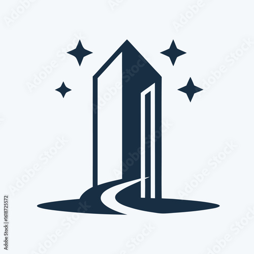 Dark blue abstract building with pathway and stars on white background architecture 3