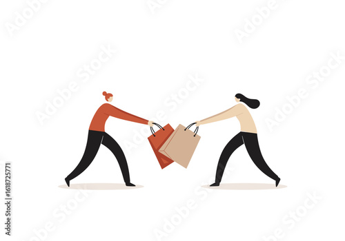 Two shoppers pulling bags while competing for items during Black Friday  