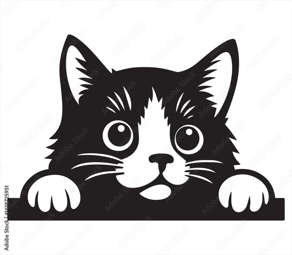 Obraz premium Cute Kitten Peeking – Black and White Cat Line Art Illustration