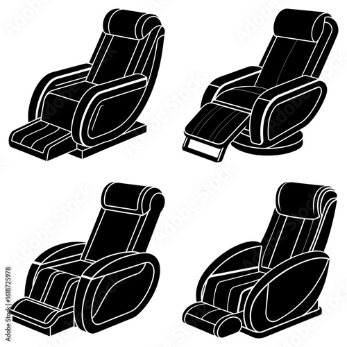 Four black and white illustrations of massage chairs in various reclining positions on a white background