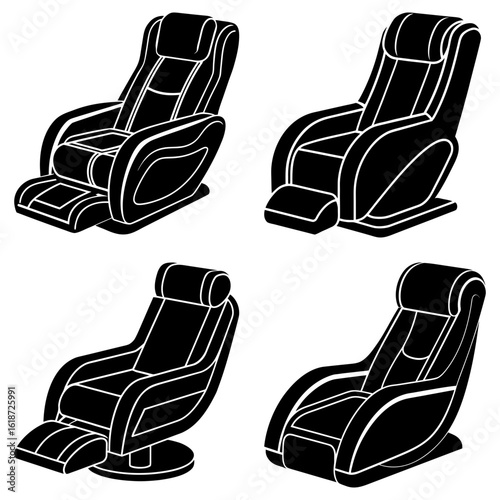 Four black and white illustrations of massage chairs with different designs and orientations shown here