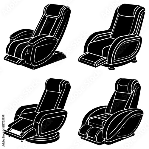 Four massage chairs in different styles and positions presented in a black and white illustration style