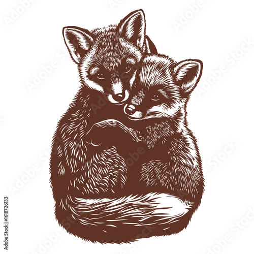 Silhouette of two baby foxes cuddling together symbolizing innocence, warmth, and gentle affection
