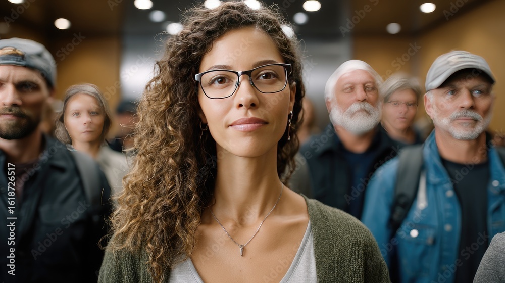 Obraz premium A group of individuals stands in an elevator, all showing expressions of worry while gazing directly at the camera