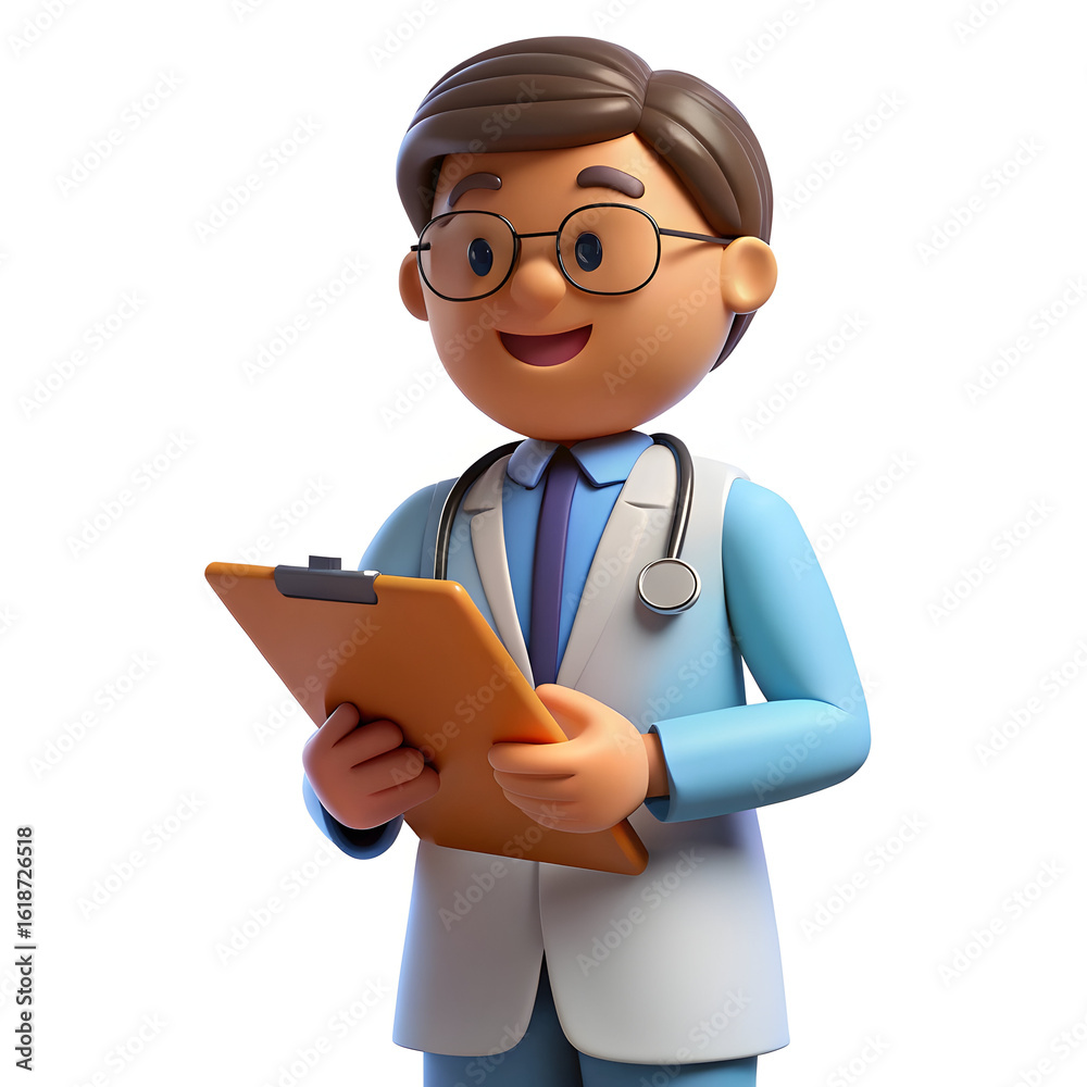 Fototapeta premium Cheerful doctor holding medical chart cartoon healthcare